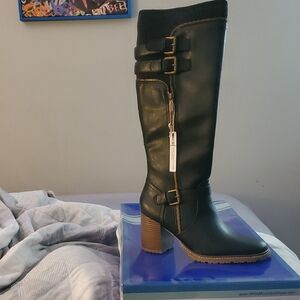 White Mountain Black Heeled Boots with Buckle Detail